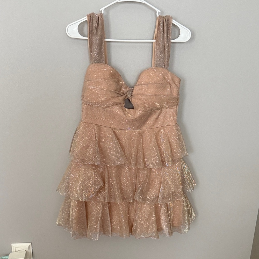 Emerald Sundae Champagne Glitter Ruffled Prom Dress